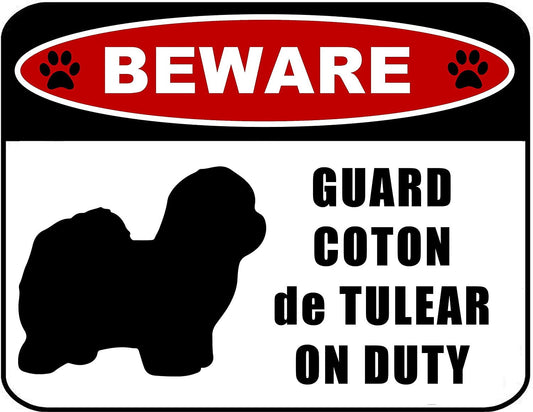 Beware Guard Coton de Tulear (silhouette) on Duty 11.5 inch x 9 inch Laminated Dog Sign