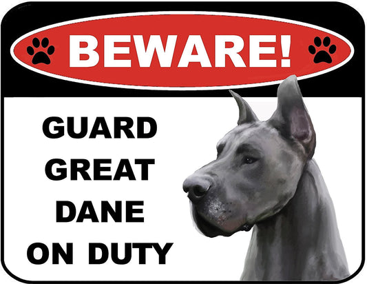 Beware Guard Great Dane on Duty (v1) 9 inch x 11.5 inch Laminated Dog Sign