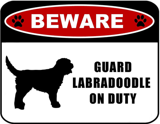 Beware Guard Labradoodle (silhouette) on Duty 11.5 inch x 9 inch Laminated Dog Sign
