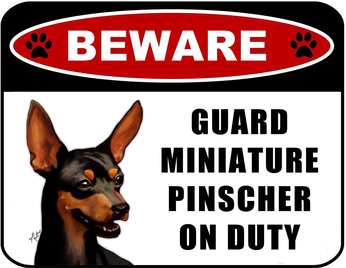Beware Guard Miniature Pinscher (v1) on Duty 11.5 inch x 9 inch Laminated Dog Sign