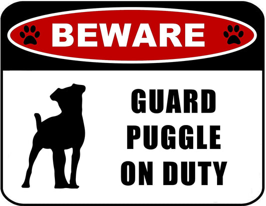 Beware Guard Puggle (silhouette) on Duty 11.5 inch x 9 inch Laminated Dog Sign