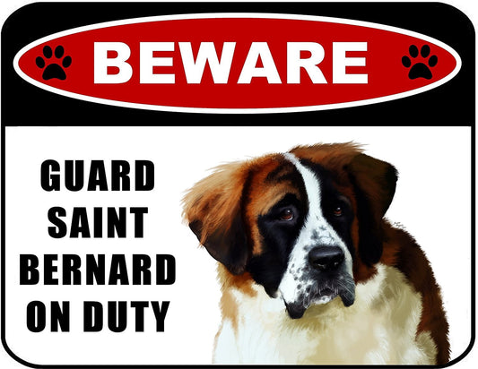Beware Guard Saint Bernard (v1) on Duty 11.5 inch x 9 inch Laminated Dog Sign