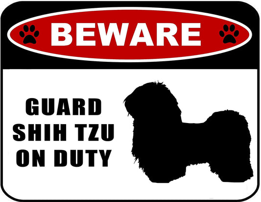 Beware Guard Shih Tzu (silhouette) on Duty 11.5 inch x 9 inch Laminated Dog Sign