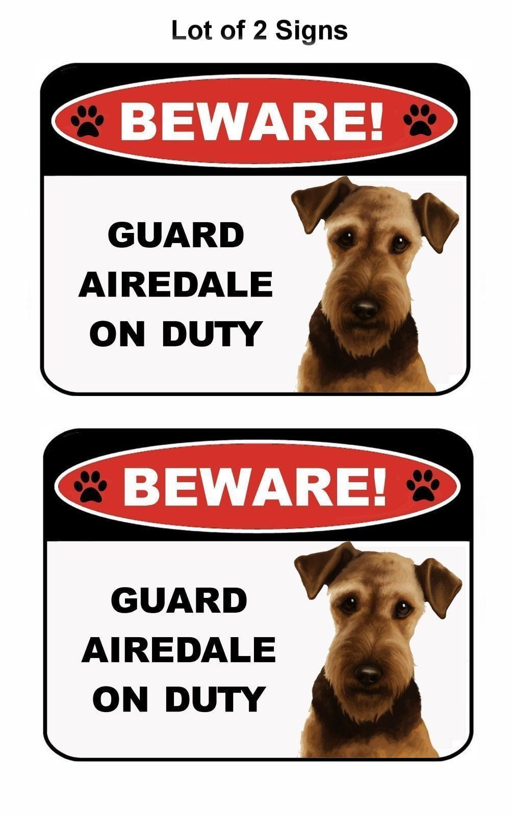 2-Count Beware Guard Airedale on Duty (v1) 11.5" x 9" Laminated Dog Sign