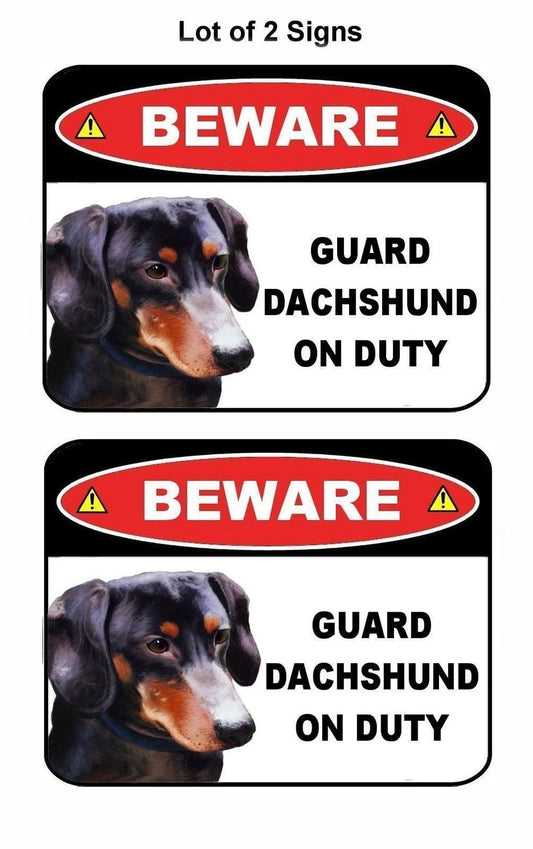 Beware Guard Dachshund (v1) on Duty 9 inch x 11.5 inch Laminated Dog Sign - 2 Pack