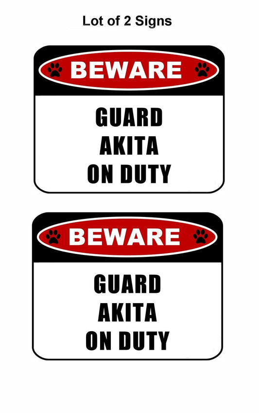 Beware Guard Akita (v2) on Duty 11.5 inch x 9 inch Laminated Dog Sign - 2 Pack