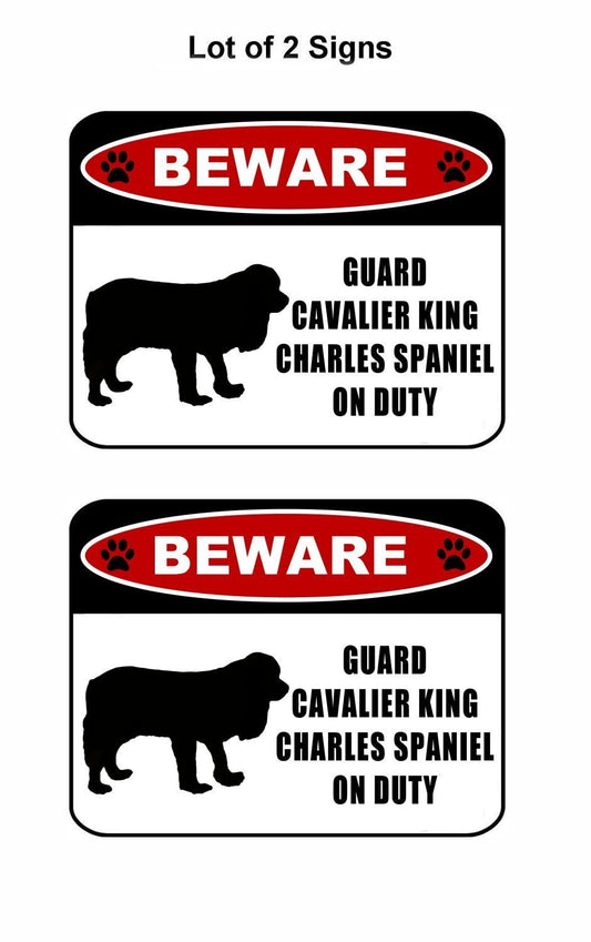 Beware Guard Cavalier King Charles Spaniel (silhouette) on Duty 11.5 inch x 9 inch Laminated Dog Sign - 2 Pack