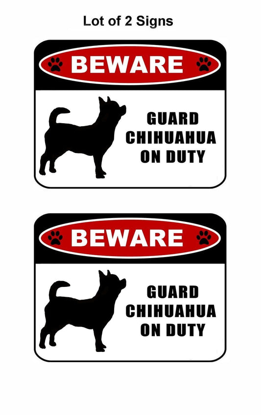 Beware Guard Chihuahua (silhouette) on Duty 11.5 inch x 9 inch Laminated Dog Sign - 2 Pack
