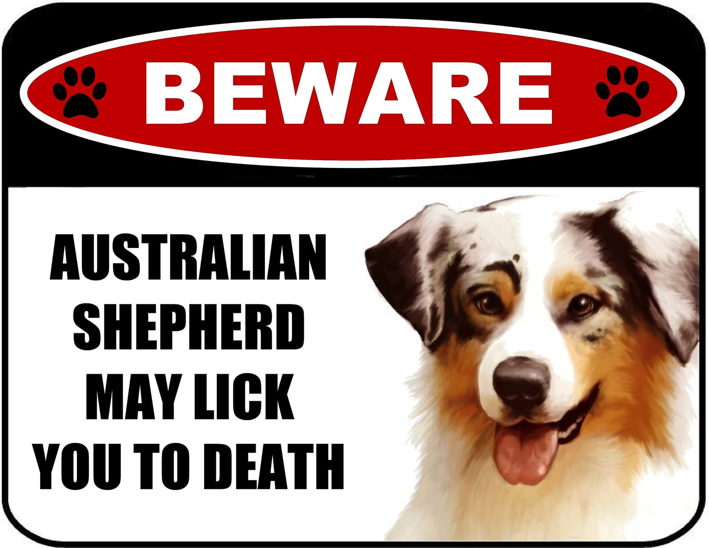 Beware Australian Shepherd May Lick You To Death (v1) 9 inch x 11.5 inch Laminated Dog Sign
