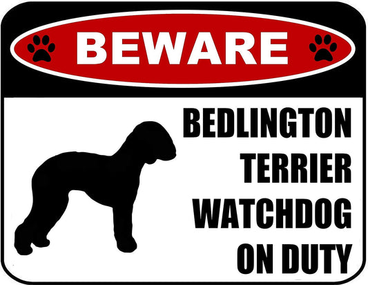 Beware Bedlington Terrier Watchdog On Duty (Silhouette) 11.5 inch x 9 inch Laminated Dog Sign