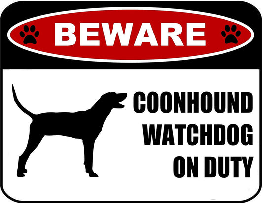 Beware Coonhound Watchdog On Duty (Silhouette) 11.5 inch x 9 inch Laminated Dog Sign