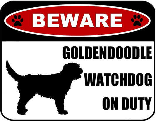 Beware Goldendoodle Watchdog On Duty (Silhouette) 11.5 inch x 9 inch Laminated Dog Sign