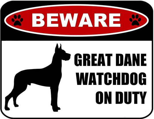 Beware Great Dane Watchdog On Duty (Silhouette) 11.5 inch x 9 inch Laminated Dog Sign