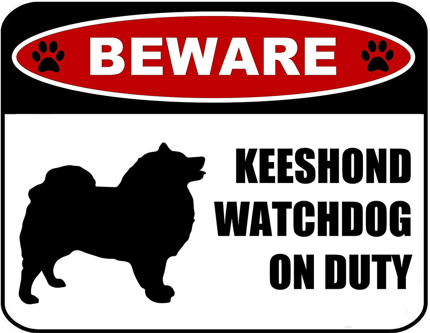 Beware Keeshond Watchdog On Duty (Silhouette) 11.5 inch x 9 inch Laminated Dog Sign