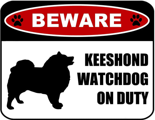 Beware Keeshond Watchdog On Duty (Silhouette) 11.5 inch x 9 inch Laminated Dog Sign