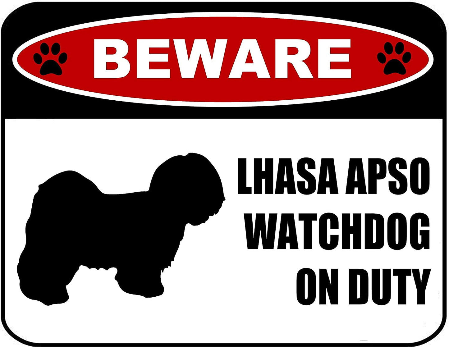 Beware Lhasa Apso Watchdog On Duty (Silhouette) 11.5 inch x 9 inch Laminated Dog Sign
