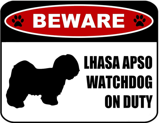 Beware Lhasa Apso Watchdog On Duty (Silhouette) 11.5 inch x 9 inch Laminated Dog Sign