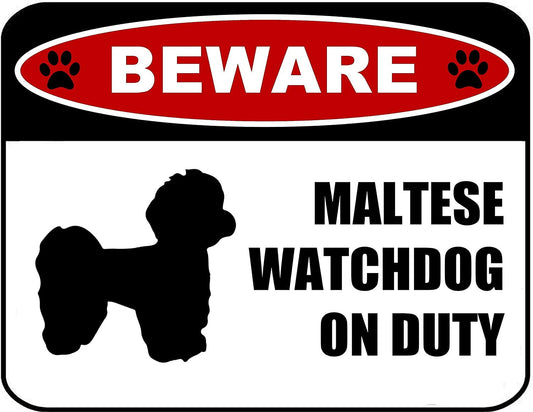 Beware Maltese Watchdog On Duty (Silhouette) 11.5 inch x 9 inch Laminated Dog Sign