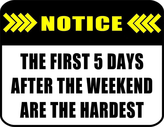 Notice The First 5 Days after The Weekend 11.5 by 9 inch Laminated Sign