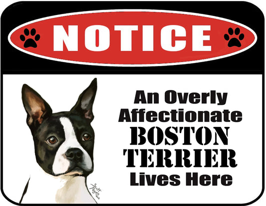 Notice an Overly Affectionate Boston Terrier Lives Here 9 inch x 11.5 inch Laminated Dog Sign