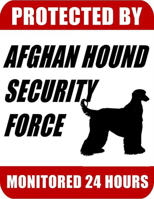 Protected By Afghan Hound Security Force Monitored 24 Hours 9 inch x 11.5 inch Laminated Dog Sign