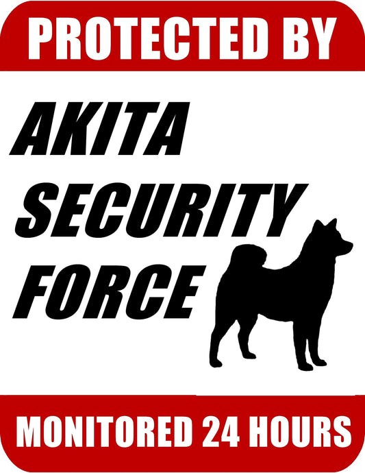 Protected By Akita Security Force Monitored 24 Hours 9 inch x 11.5 inch Laminated Dog Sign