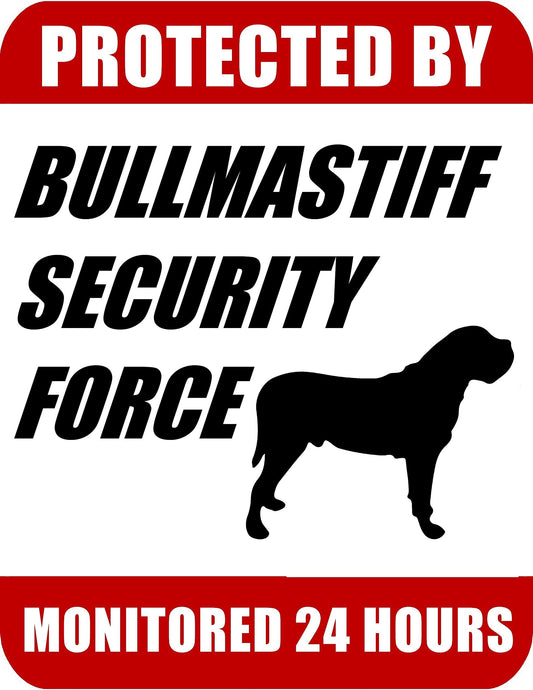 Protected By Bullmastiff Security Force Monitored 24 Hours 9 inch x 11.5 inch Laminated Dog Sign