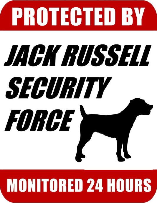 Protected By Jack Russell Security Force Monitored 24 Hours 9 inch x 11.5 inch Laminated Dog Sign