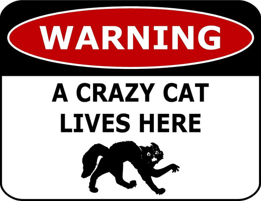 Warning A Crazy Cat Lives Here 11.5" x 9" Laminated Funny Sign