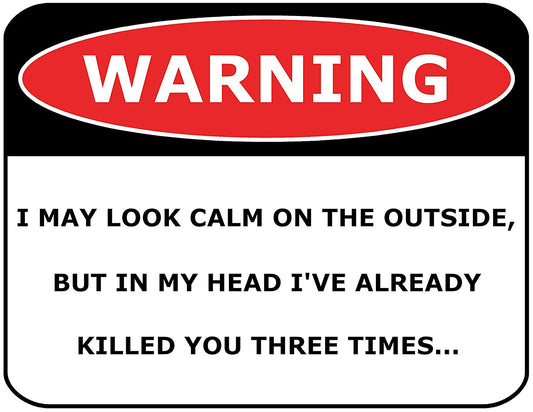 Warning I May Look Calm On The Outsite, But In My Head I've Killed You 3 Times 11.5" x 9" Laminated Funny Sign