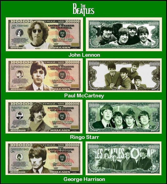 Novelty Million Dollar Bill – The Beatles, 4pc Bill Set