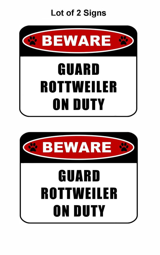Beware Guard Rottweiler (v2) on Duty 11.5 inch x 9 inch Laminated Dog Sign - 2 Pack
