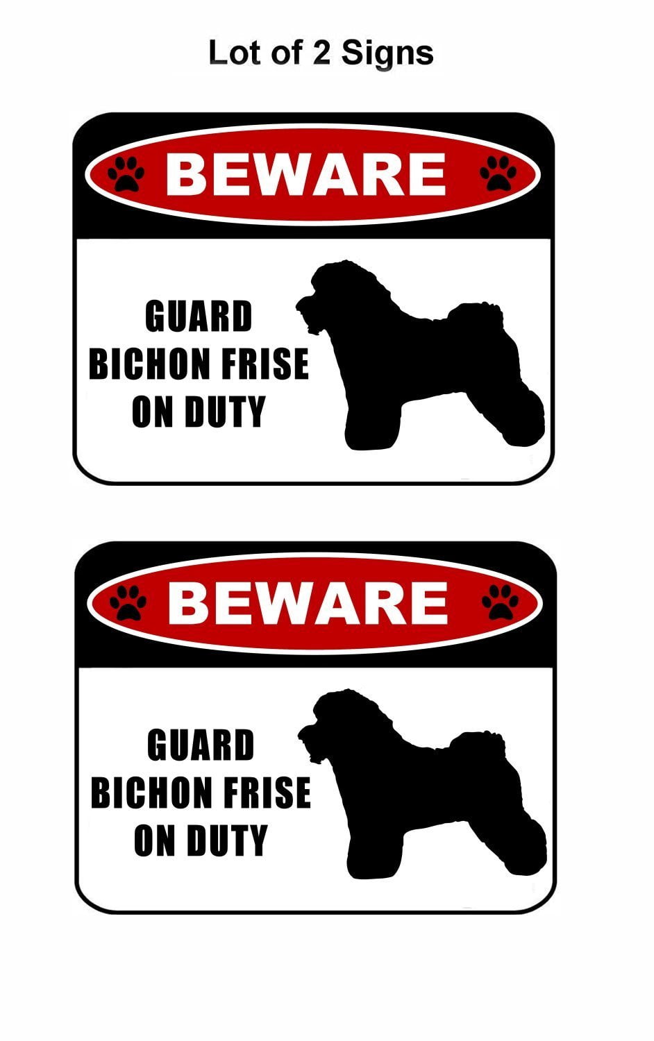 Beware Guard Bichon (silhouette) on Duty 11.5 inch x 9 inch Laminated Dog Sign - 2 Pack