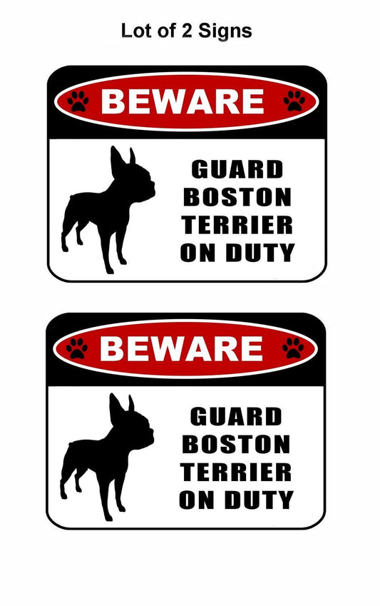 Beware Guard Boston Terrier (silhouette) on Duty 11.5 inch x 9 inch Laminated Dog Sign - 2 Pack