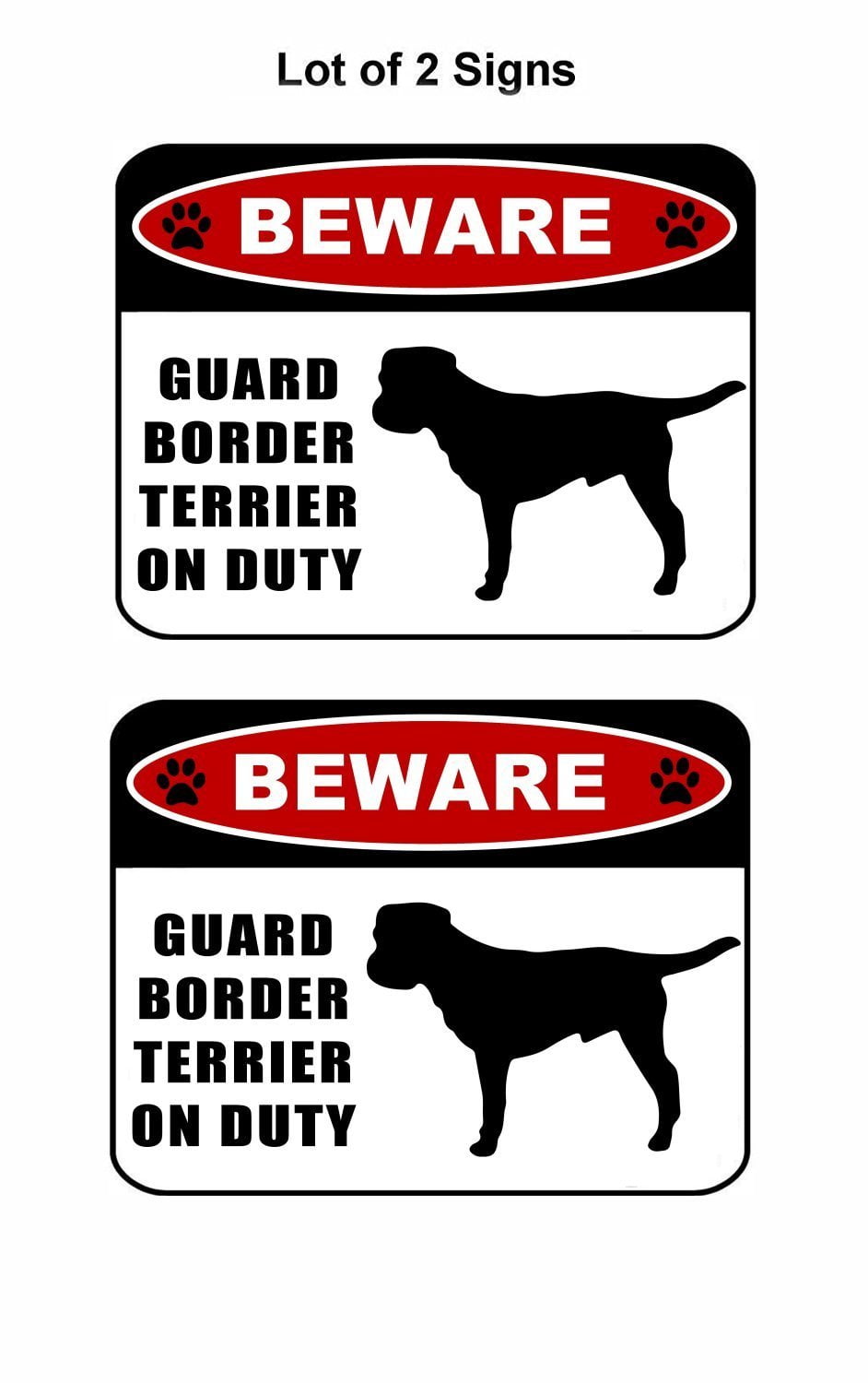 Beware Guard Border Terrier (silhouette) on Duty 11.5 inch x 9 inch Laminated Dog Sign - 2 Pack