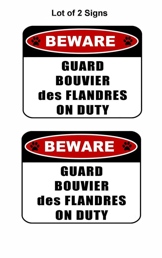 Beware Guard Bouvier Des Flandres (v2) on Duty 11.5 inch x 9 inch Laminated Dog Sign - 2 Pack