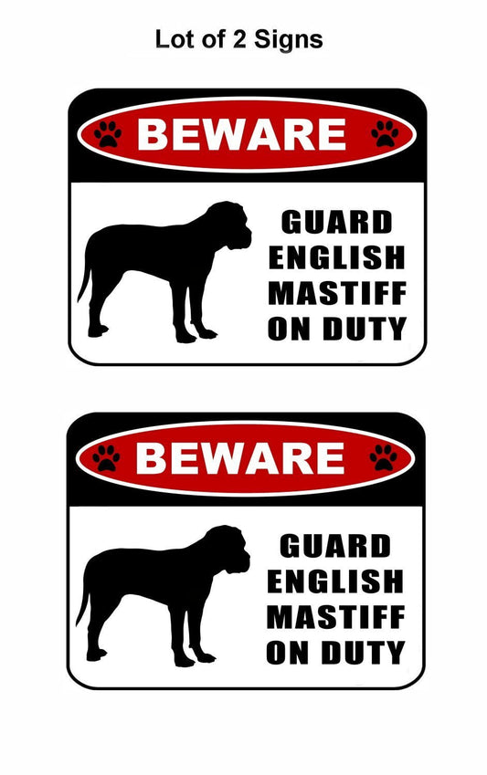Beware Guard English Mastiff (silhouette) on Duty 11.5 inch x 9 inch Laminated Dog Sign - 2 Pack
