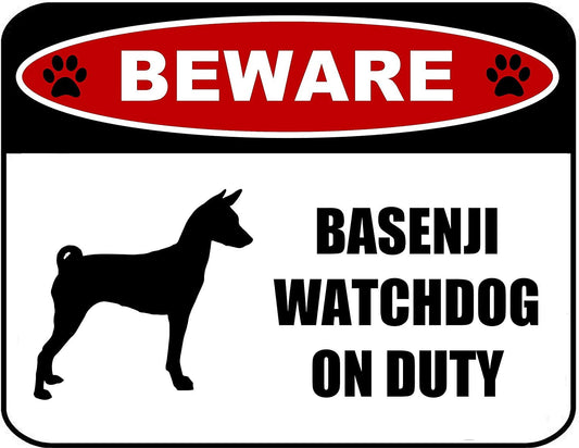 Beware Basenji Watchdog On Duty (Silhouette) 11.5 inch x 9 inch Laminated Dog Sign