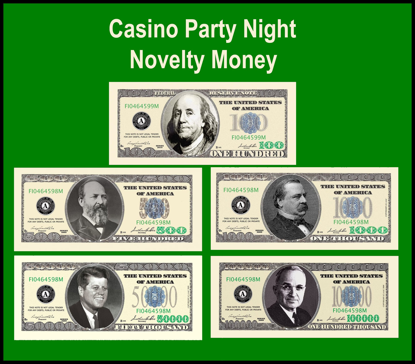 Novelty Million Dollar Bill – Poker / Casino Night, 5 Bill Package